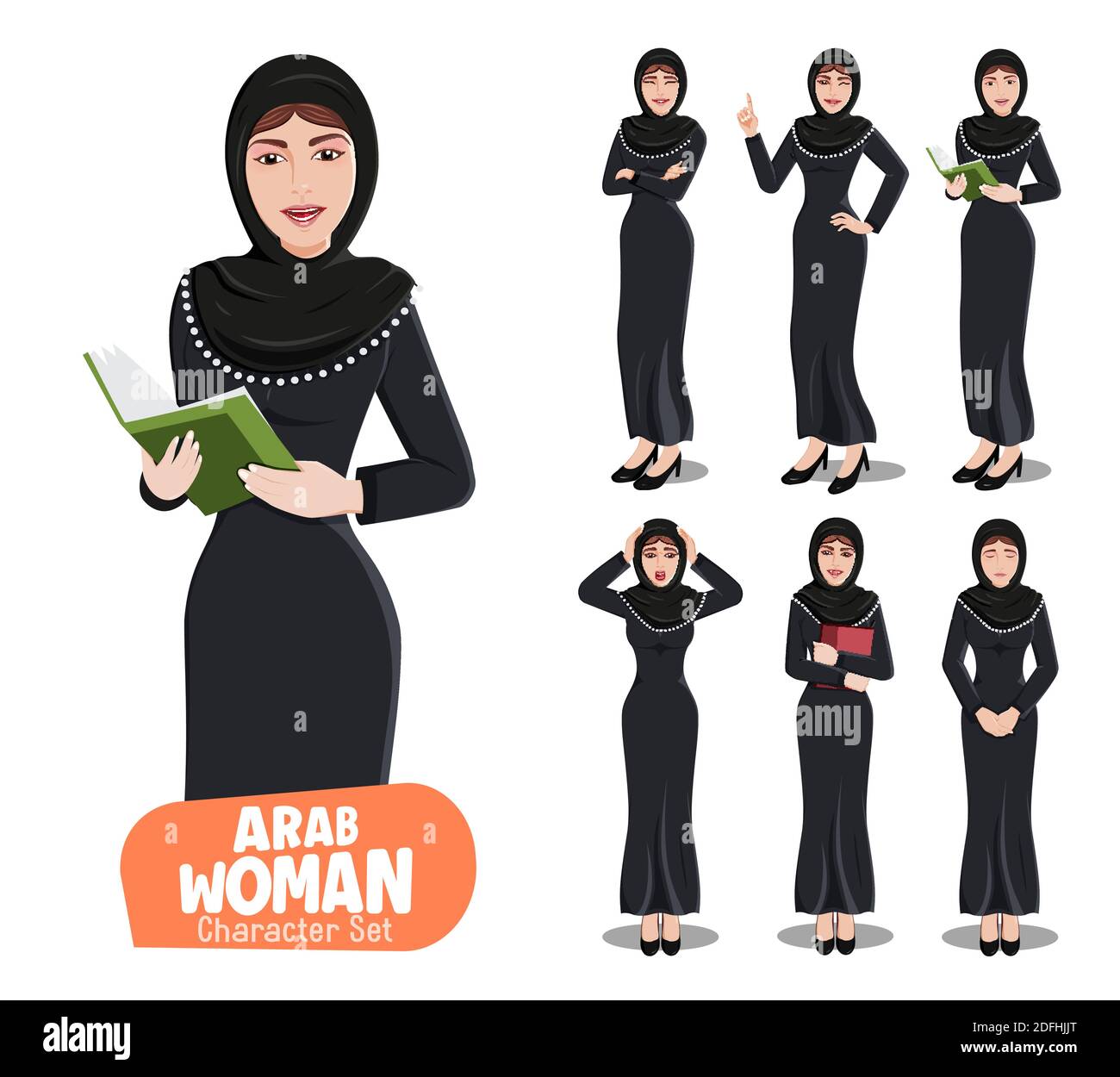 Set di caratteri vettoriali per donna araba. Personaggio arabo femminile in abito nero tradizionale con diverse espressioni facciali come felice, sorpresa e triste. Illustrazione Vettoriale