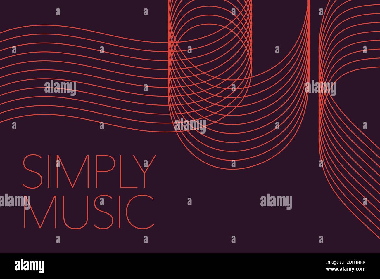 Design grafico moderno di un detto 'Musica implicata'. Linee ondulate ripetute con tipografia urbana ed elegante nei colori arancio e viola. Foto Stock