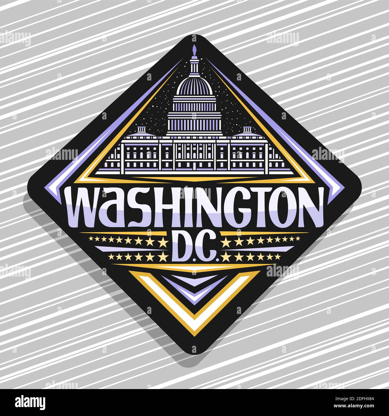 Logo vettoriale per Washington, badge rombi nero con illustrazione del Campidoglio edificio su sfondo cielo crepuscolo, art design magnete frigorifero turistico Illustrazione Vettoriale