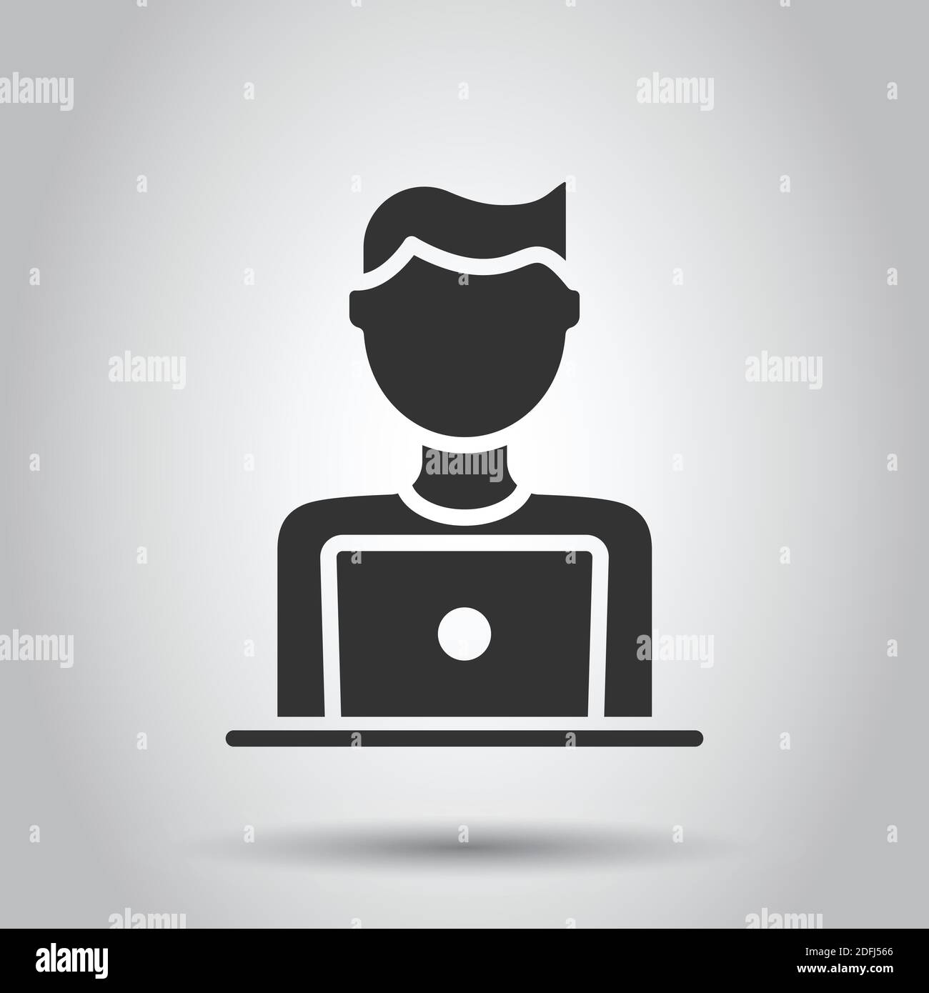 Persone con computer portatile icona in stile piatto. Immagine del vettore utente del PC su sfondo bianco isolato. Concetto aziendale di Office Manager. Illustrazione Vettoriale