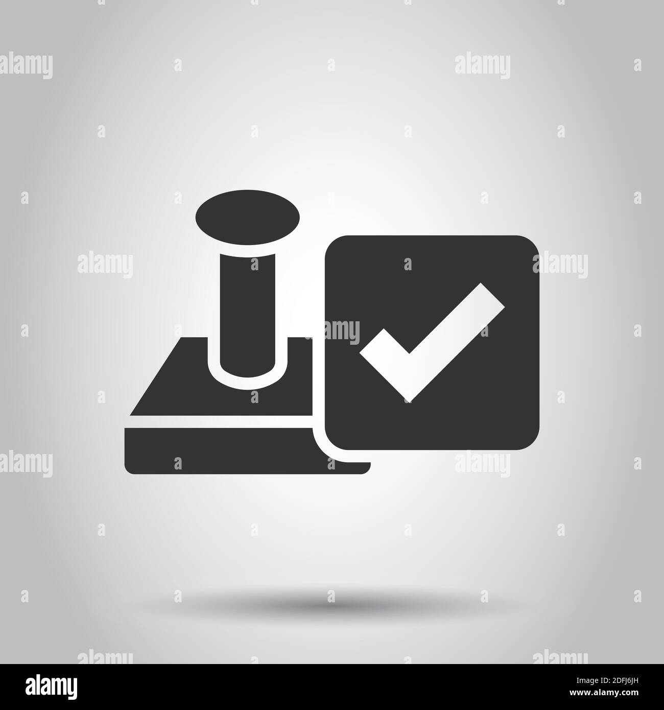 Approvare l'icona del timbro in stile piatto. Accettare l'illustrazione del vettore dei segni di spunta su sfondo bianco isolato. Concetto aziendale di scelta dell'approvazione. Illustrazione Vettoriale