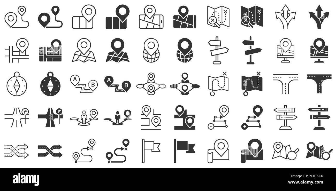 Icona di navigazione impostata in stile piatto. Illustrazione del vettore di direzione GPS su sfondo bianco isolato. Individuare il concetto di business relativo alla posizione dei pin. Illustrazione Vettoriale