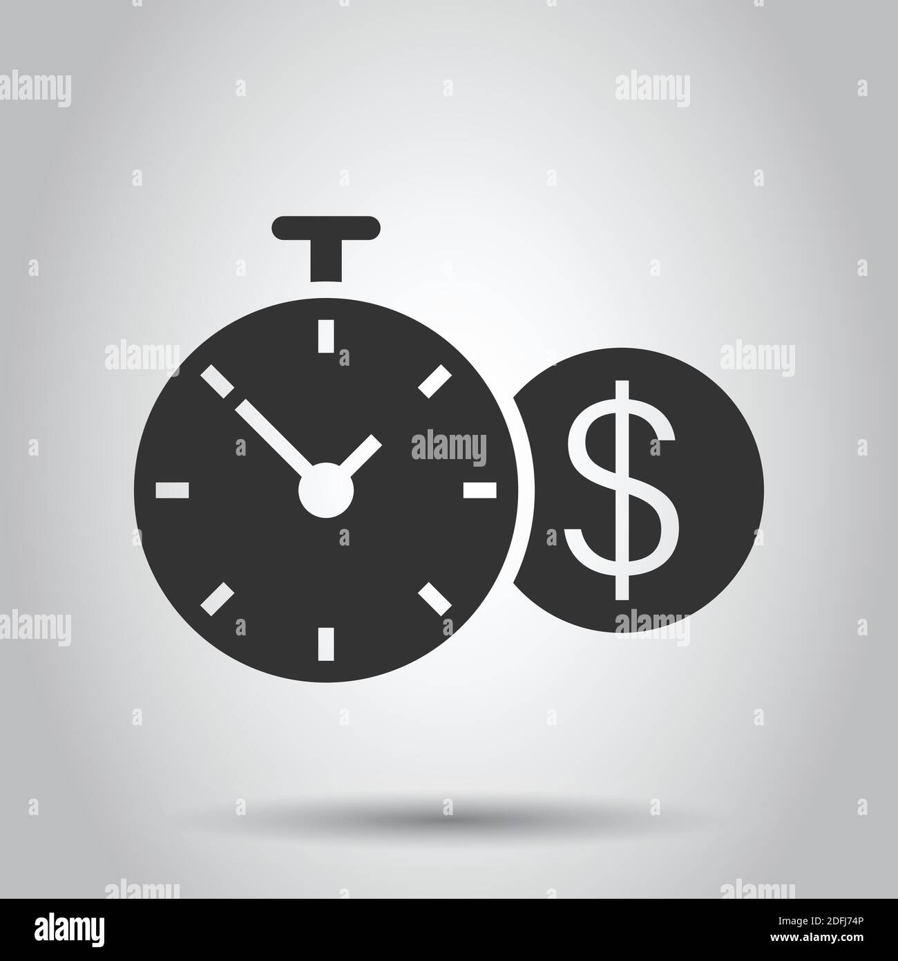 Il tempo è icona del denaro in stile piatto. Orologio con illustrazione vettoriale dollaro su sfondo bianco isolato. Concetto di business valutario. Illustrazione Vettoriale