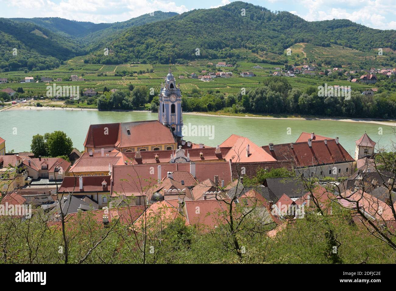 Dürnstein, bassa Austria, Austria. Dürnstein nel Wachau. Abbazia di Dürnstein Foto Stock