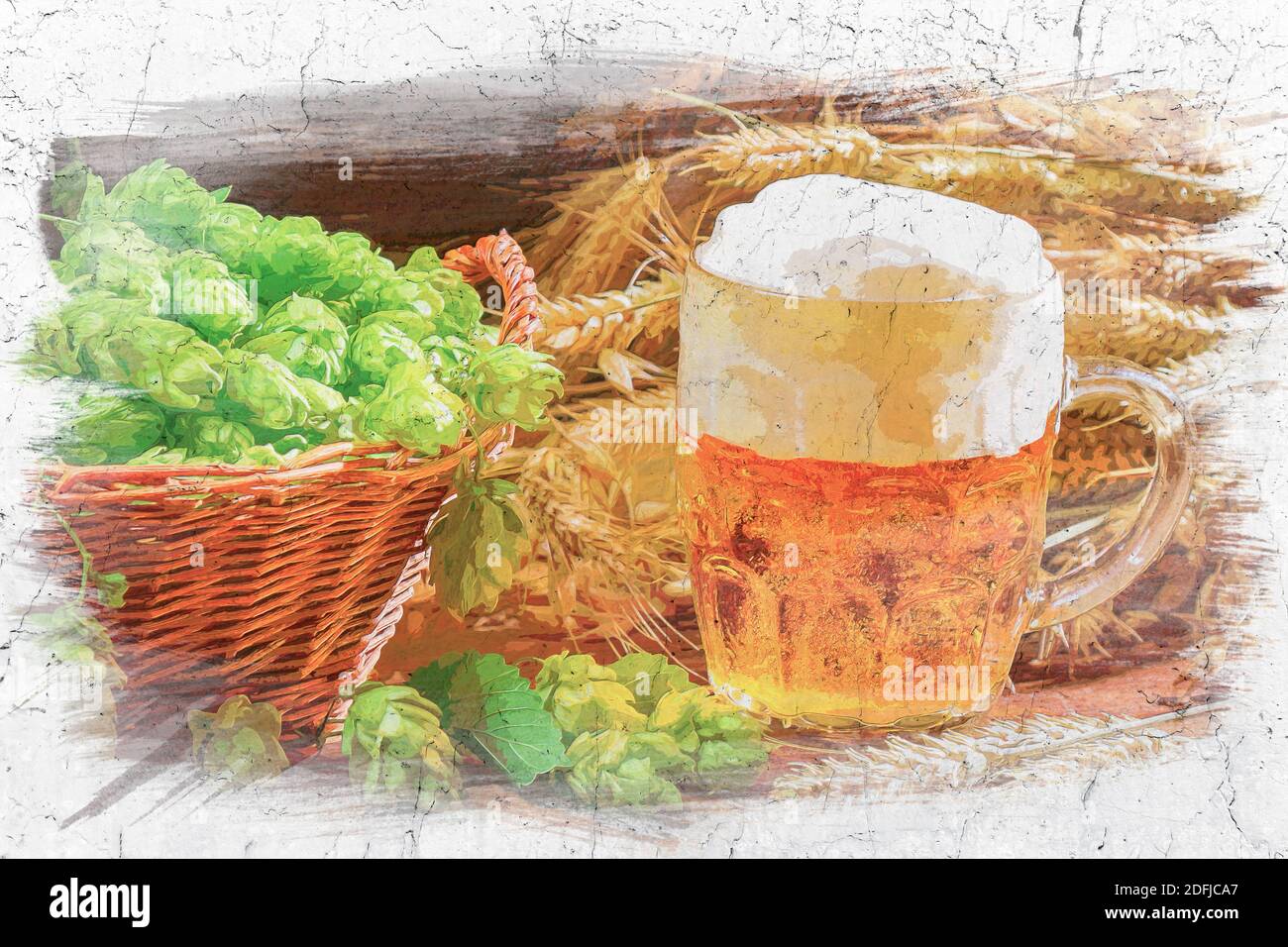 Birra con schiuma, luppolo e grano su tavola vecchia, pittura acquerello Foto Stock