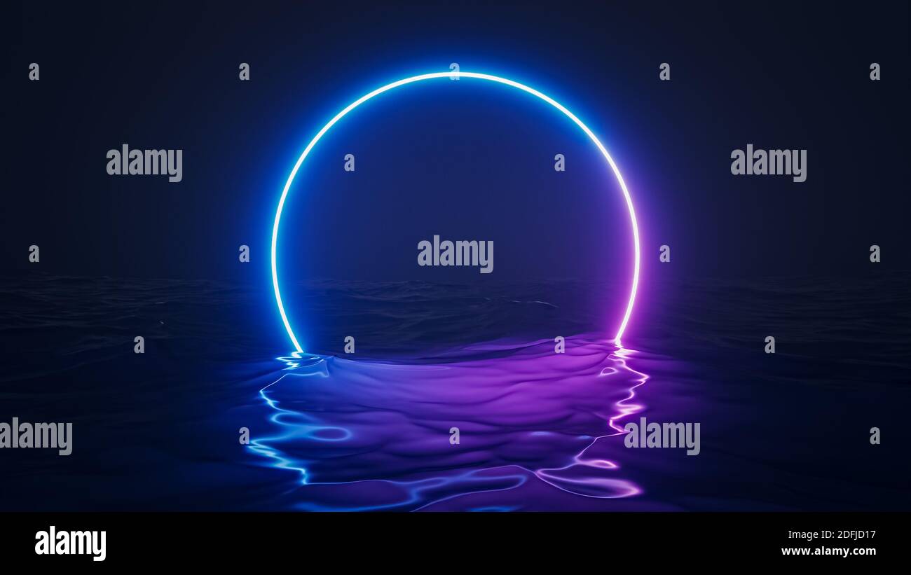 Retrò futuristico paesaggio astratto oceano con blu e viola neon Cerchio con immagine di rendering 3D dello spazio di copia Foto Stock