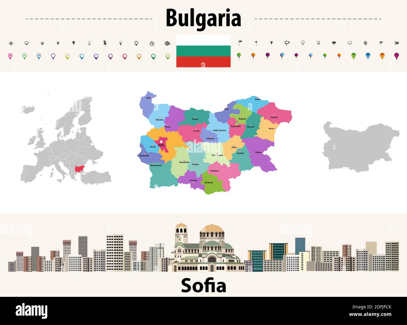 mappa delle province bulgare con le capitali. Paesaggio urbano di Sofia. Bandiera della Bulgaria. Vettore Illustrazione Vettoriale