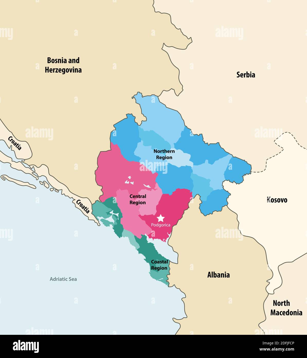 Mappa vettoriale dei comuni del Montenegro colorata per regioni con paesi e territori vicini Illustrazione Vettoriale