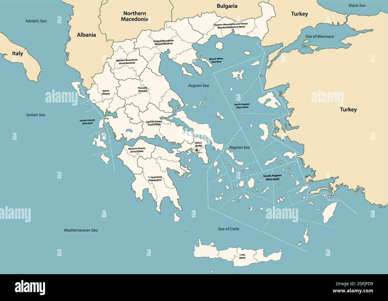 Le province e le regioni della Grecia mappa vettoriale con i paesi vicini e. territori Illustrazione Vettoriale