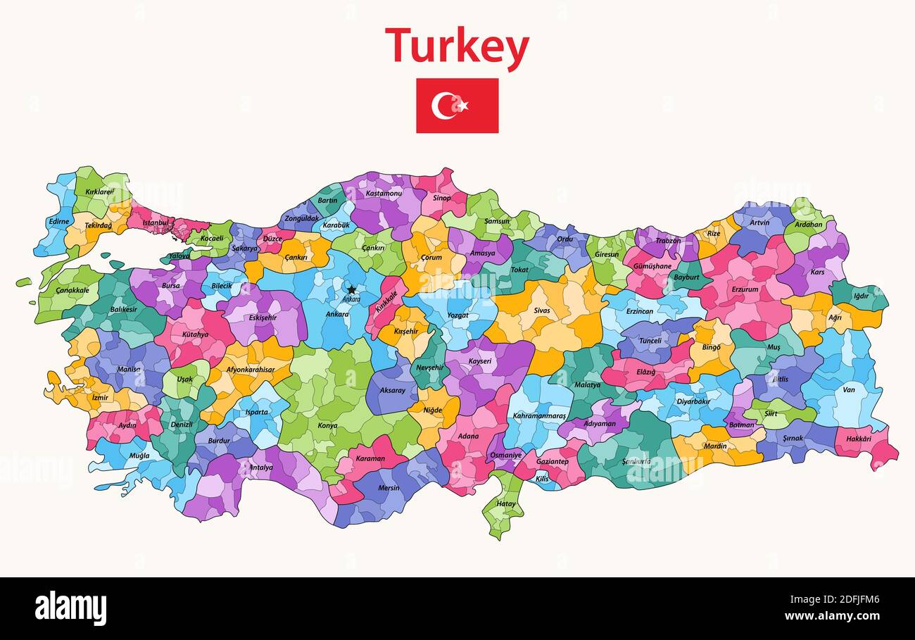 Turchia distrutti colorati da province alto dettagliata mappa vettoriale Illustrazione Vettoriale