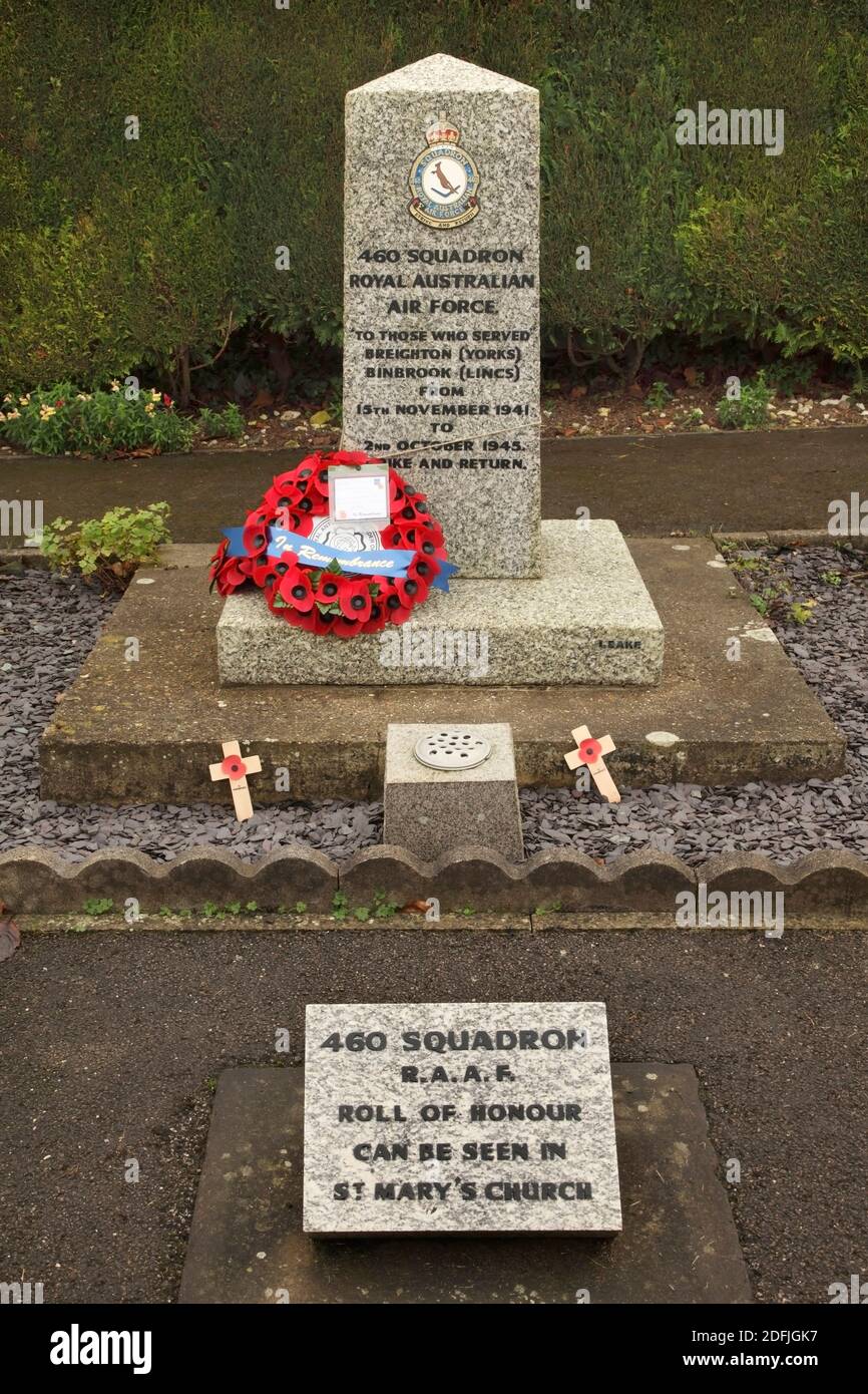 Memorial a 460 Squadron della Royal Australian Air Force a Binbrook, Regno Unito, la base per questo squadrone bombardiere Lancaster per la maggior parte della seconda guerra mondiale. Foto Stock