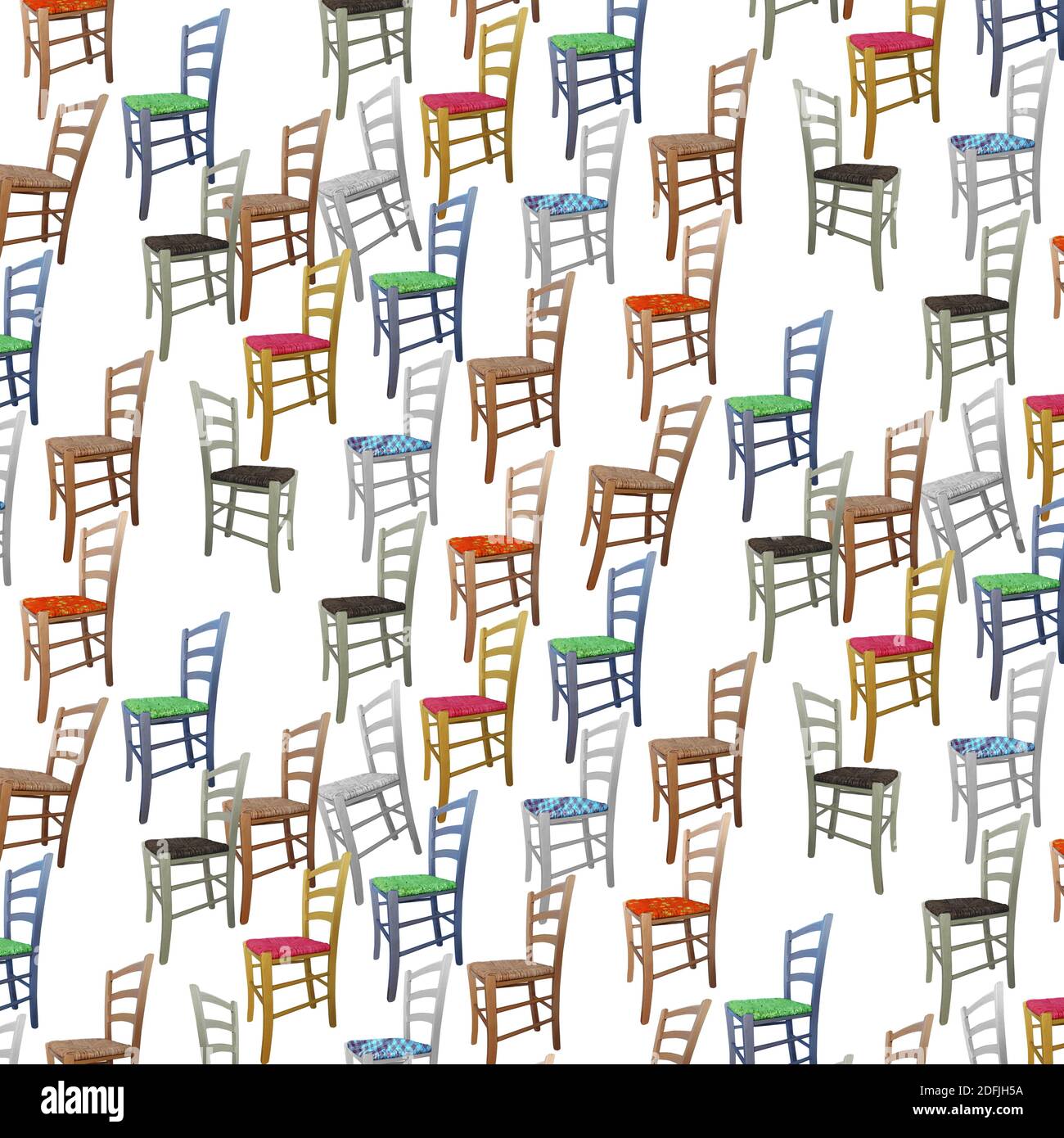 Disegno fatto di sedie di legno colorate su sfondo bianco - Collage di foto Foto Stock
