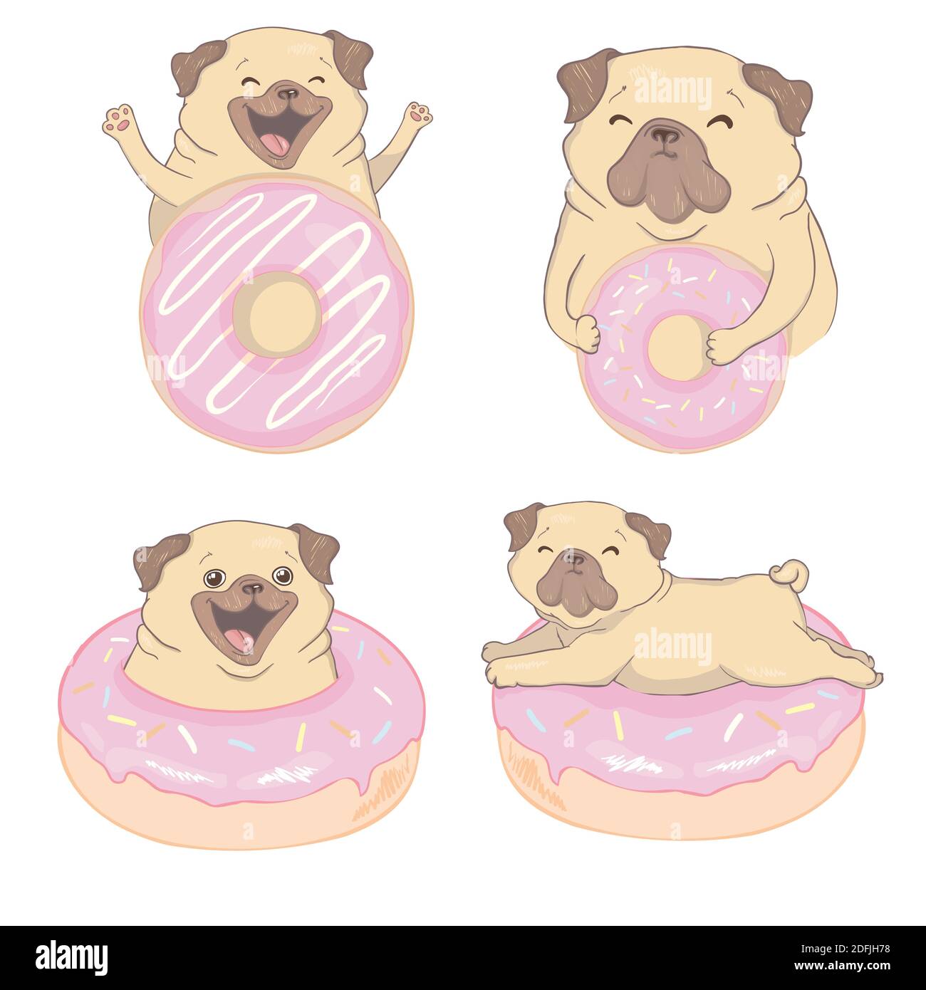 Impostazione. Disegno vettoriale di disegno manuale PUG e donut. Illustrazione Vettoriale