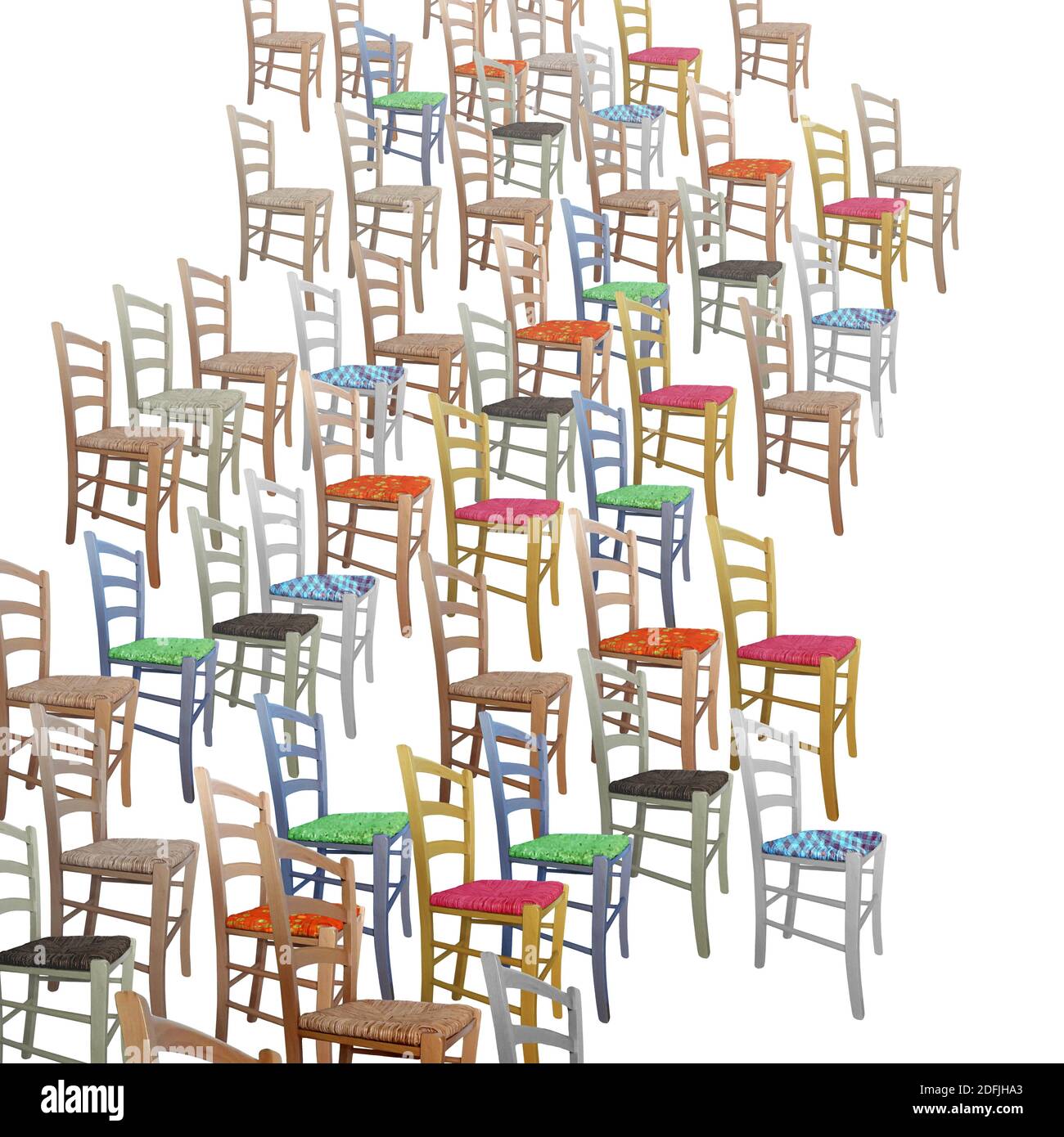 Sedie di legno colorate su sfondo bianco - Foto Collage Foto Stock