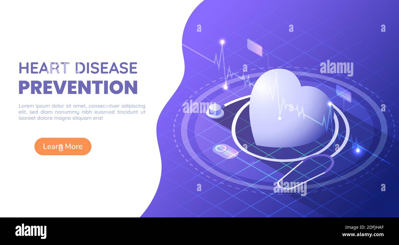 Banner Web 3D isometrico con stetoscopio e battito cardiaco ECG su sfondo blu e viola con gradiente. Prevenzione delle malattie cardiache o cardiologia e lui Illustrazione Vettoriale