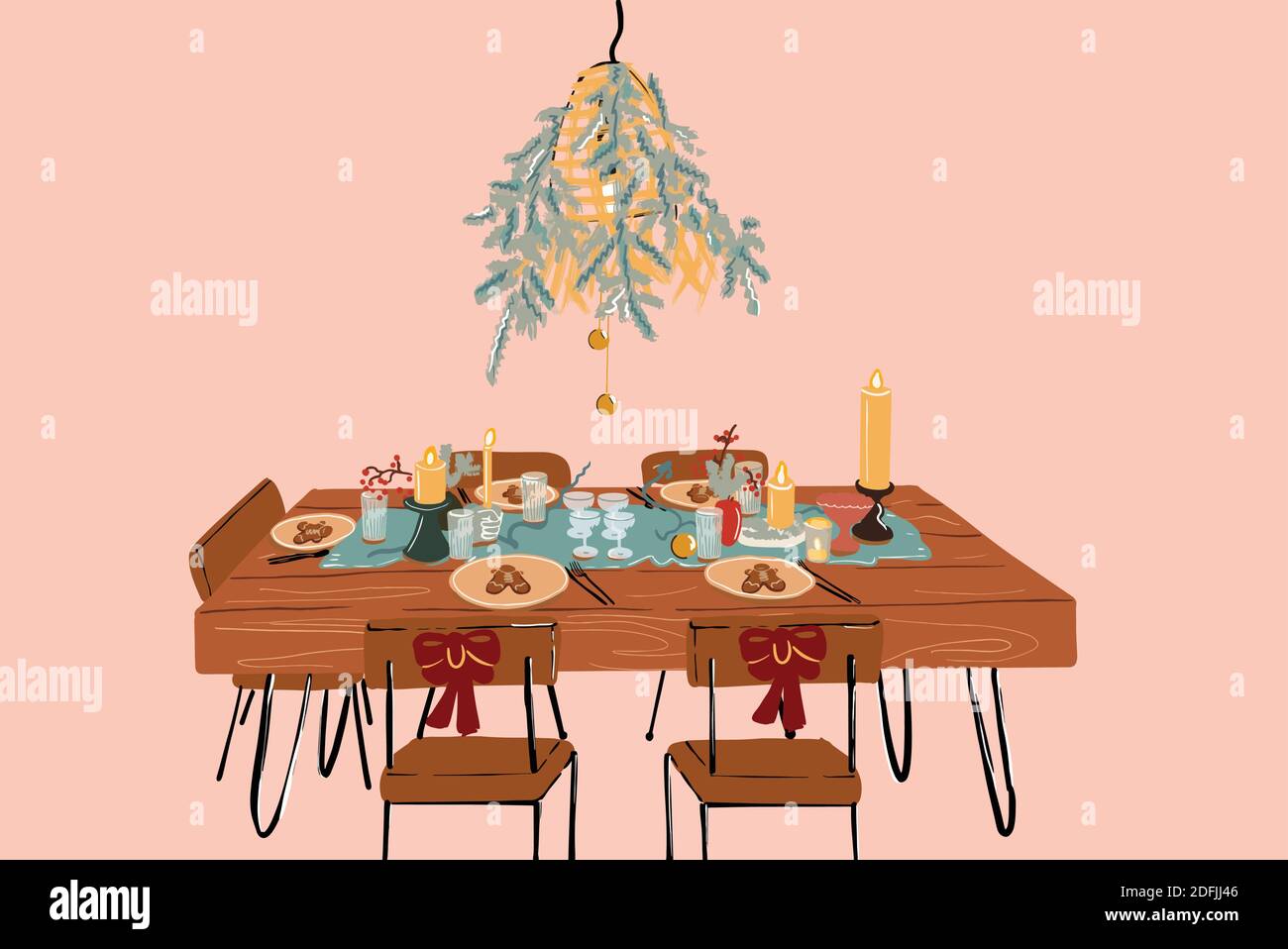 Illustrazione vettoriale del tavolo da pranzo decorato in modo festivo a Capodanno vacanze Illustrazione Vettoriale