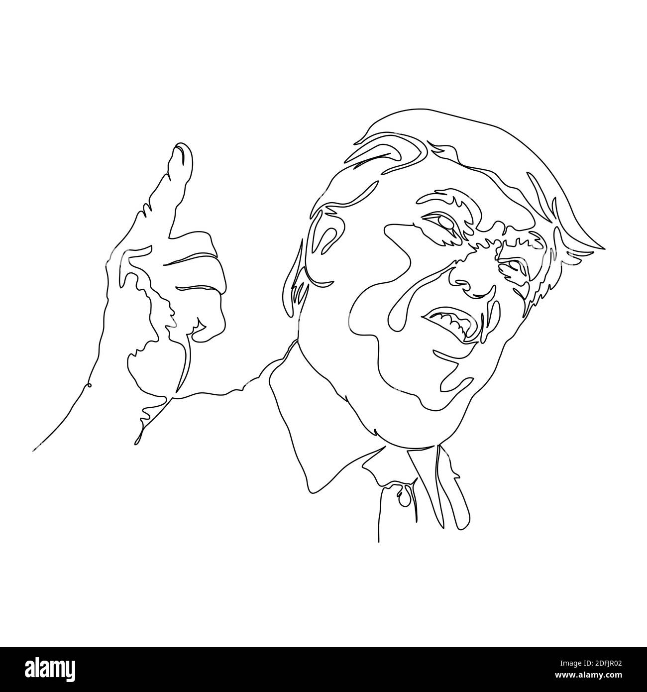 Disegno caricatura di Donald Trump, faccia seria, puntando il dito verso l'alto, disegno minimalista a linea continua. Illustrazione vettoriale. Illustrazione Vettoriale