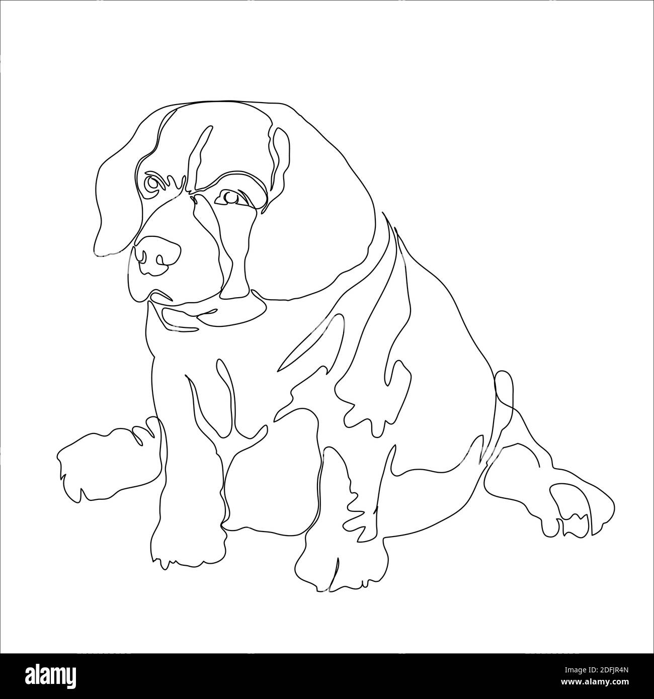 Disegno a linea continua di beagle grasso seduto in posa divertente su sfondo bianco, illustrazione vettoriale. Illustrazione Vettoriale