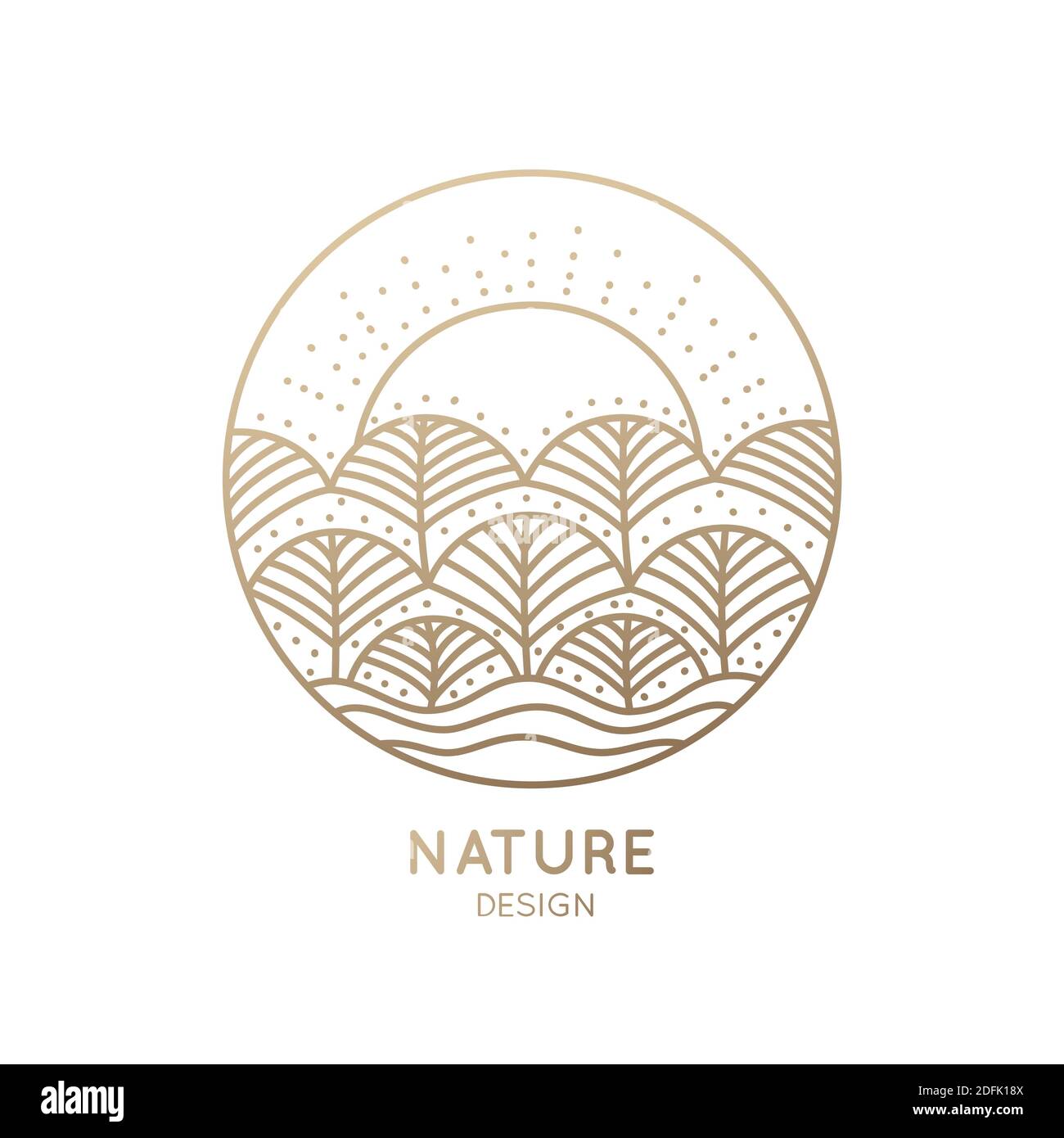 logo di elementi naturali su sfondo bianco. Icona lineare del paesaggio con alberi e sole - emblemi aziendali, badge per un viaggio, l'agricoltura e l'ecologia Foto Stock