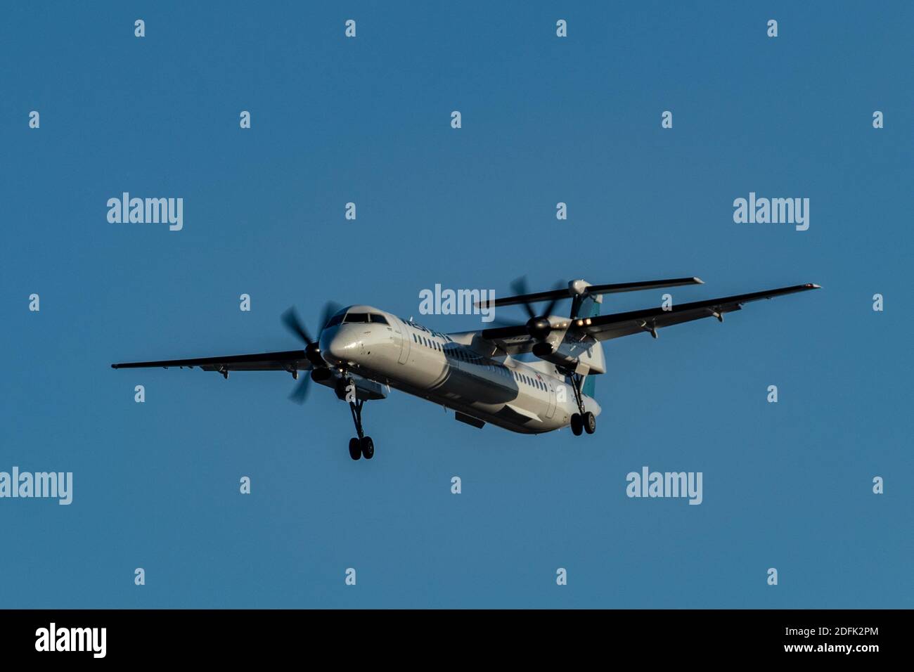 Toronto, Ontario, Canada - 22 giugno 2019. Piccolo aereo Westjet turboelica che fa un atterraggio all'aeroporto Pearson di Toronto Foto Stock