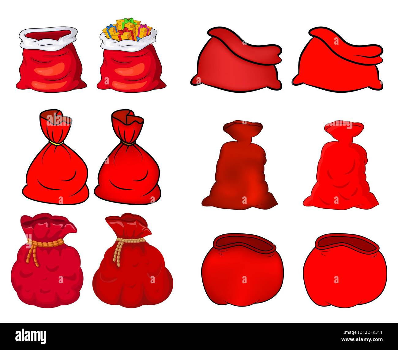 Set di borse Santa. Sacco rosso della collezione babbo natale. Vuoto e legato. Pacchetto Vector Present isolato su sfondo bianco. Confezione regalo di Natale. X Illustrazione Vettoriale
