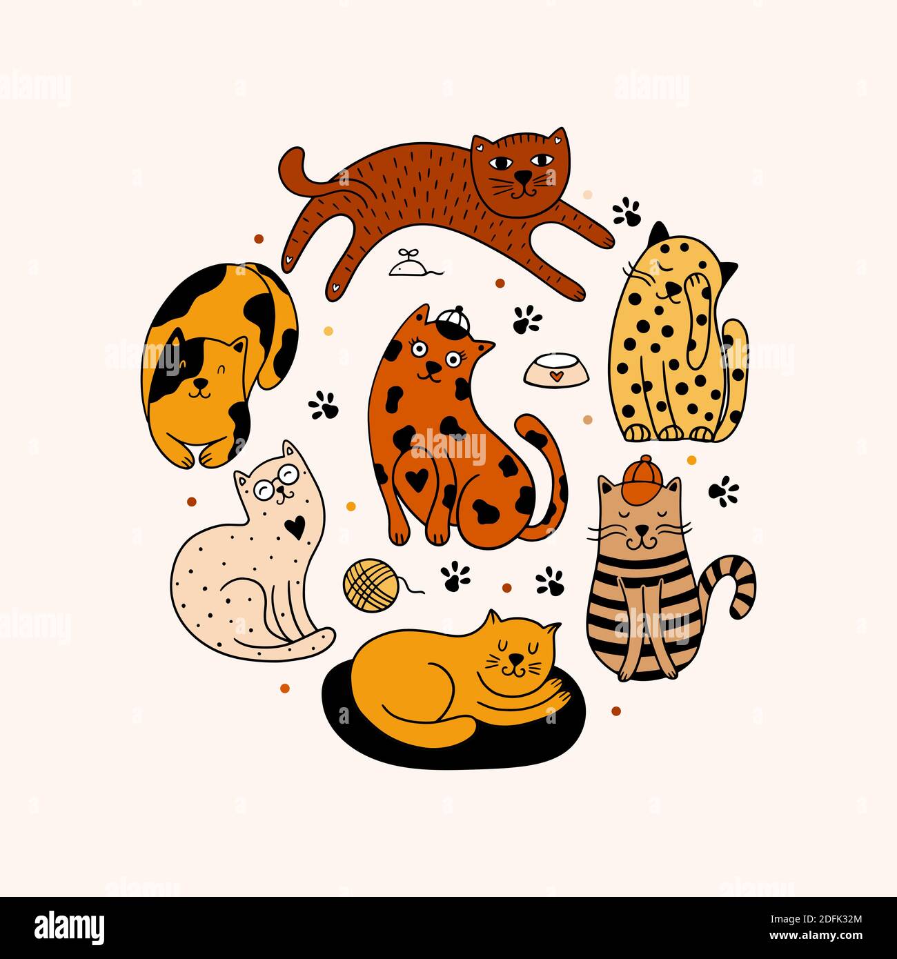 Set di 7 gatti disegnati a mano isolati su sfondo bianco. Ornamento rotondo con animali domestici, zampe, puntini. Illustrazione Vettoriale