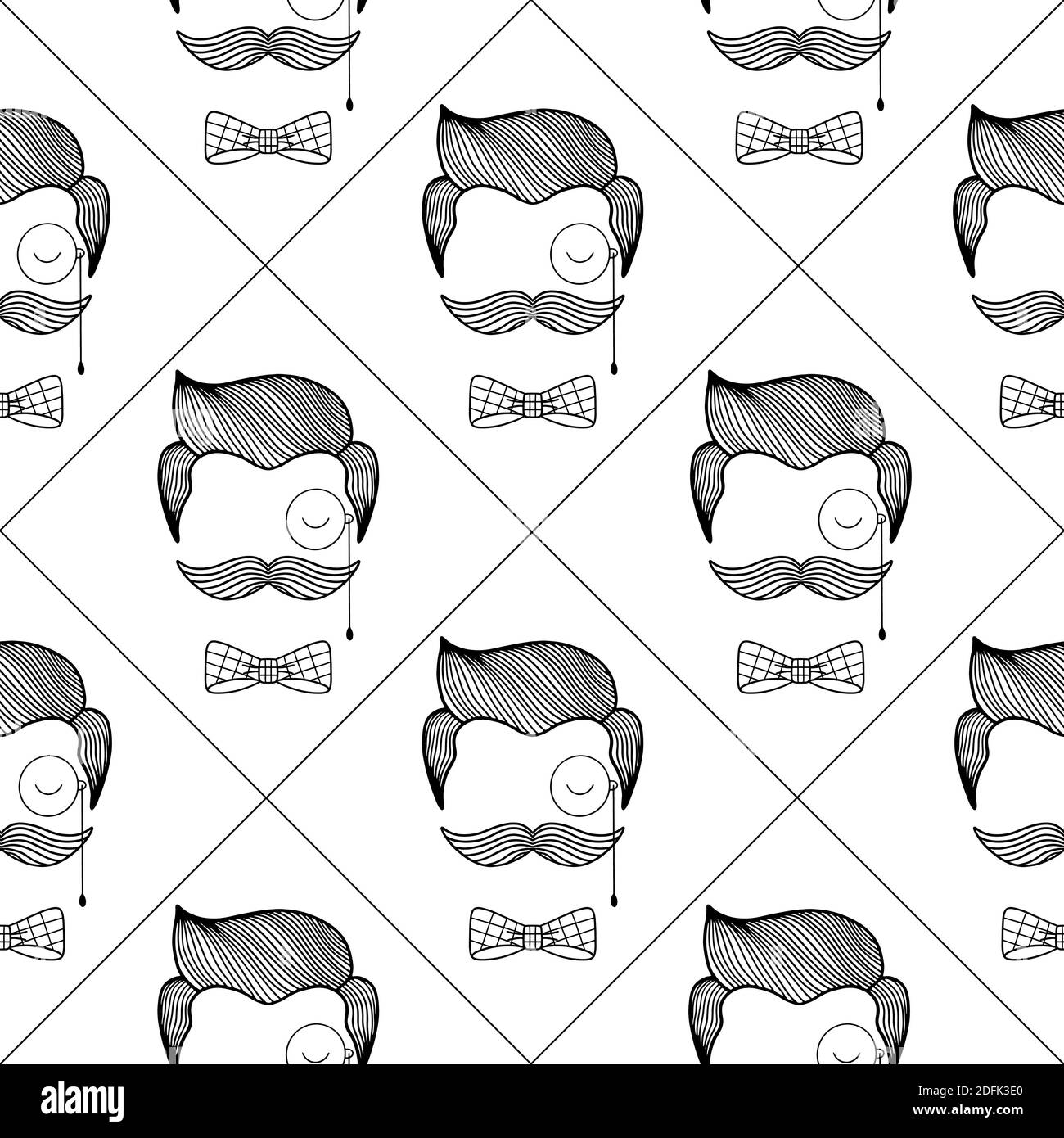 Modello senza cuciture per barbiere con facce uomo disegnate a mano. Sfondo vettoriale per tessuti, involucri, carta da parati, web. Illustrazione Vettoriale