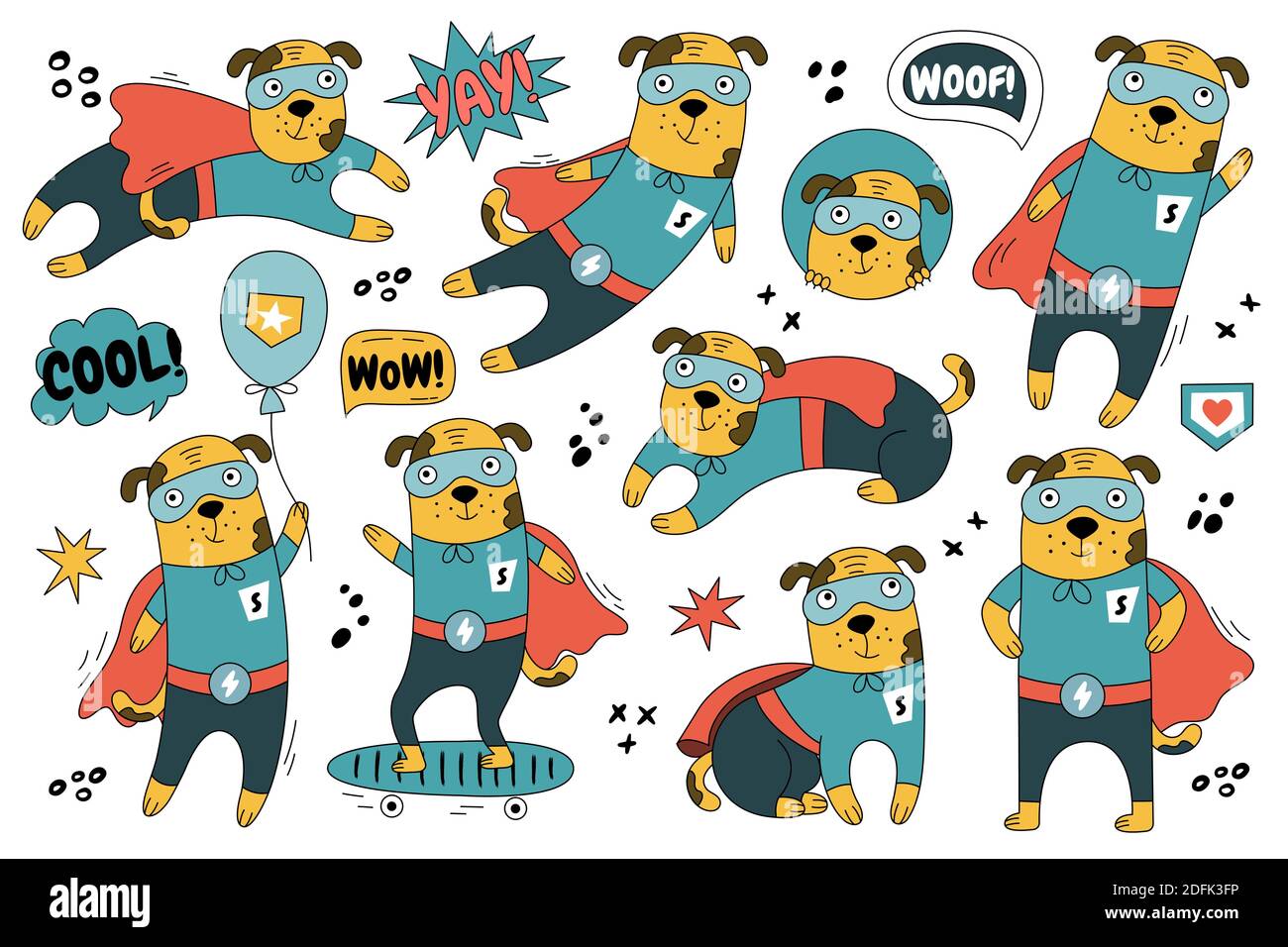 Cane disegnato a mano in costume superman in diverse pose. Set di carino personaggio supereroe per la decorazione della camera dei bambini, carta, poster, libro e ecc Illustrazione Vettoriale
