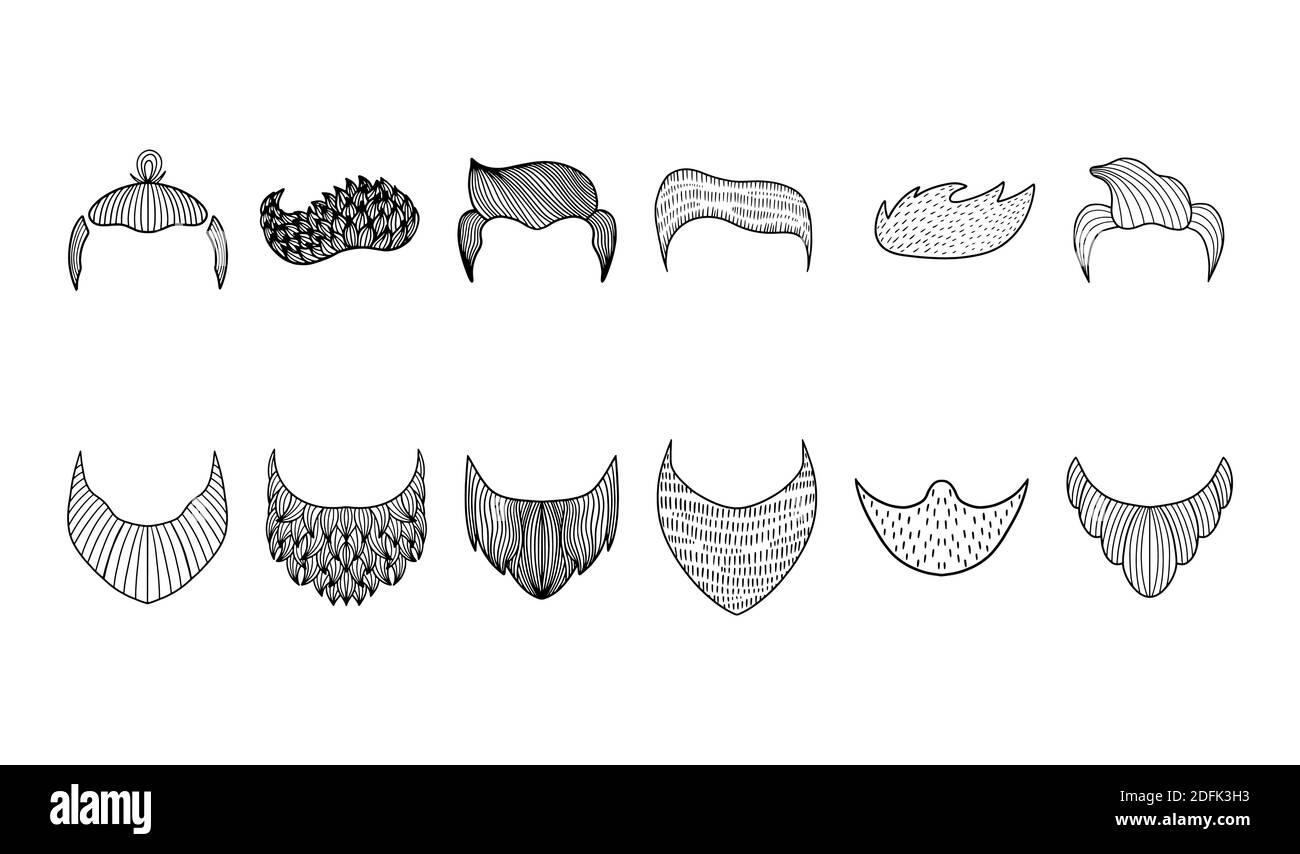 Set di diversi tagli e opzioni per la barba di un uomo. Può essere utilizzato per creare un logo barbershop, biglietto di auguri per il giorno del padre, e così via Illustrazione Vettoriale