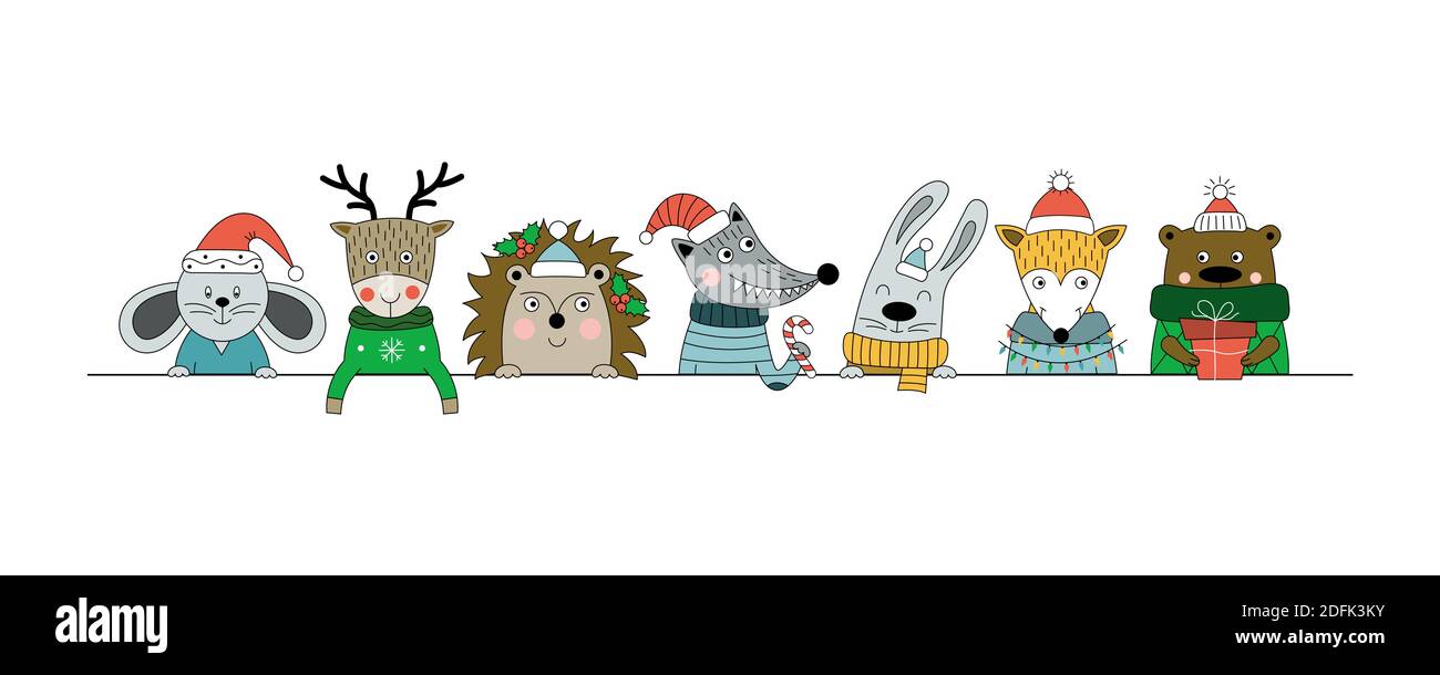 Animali della foresta con regalo, caramelle e ghirlanda. Poster di Natale con lupo, mouse, volpe, orso, riccio, cervo, lepre. Può essere utilizzato per web design, poster, g Illustrazione Vettoriale