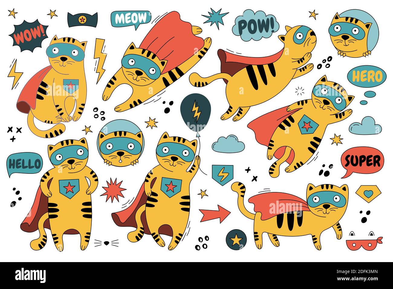 Insieme con un gatto carino in un costume superman. Kitty in diverse pose isolato su sfondo bianco. Illustrazione Vettoriale