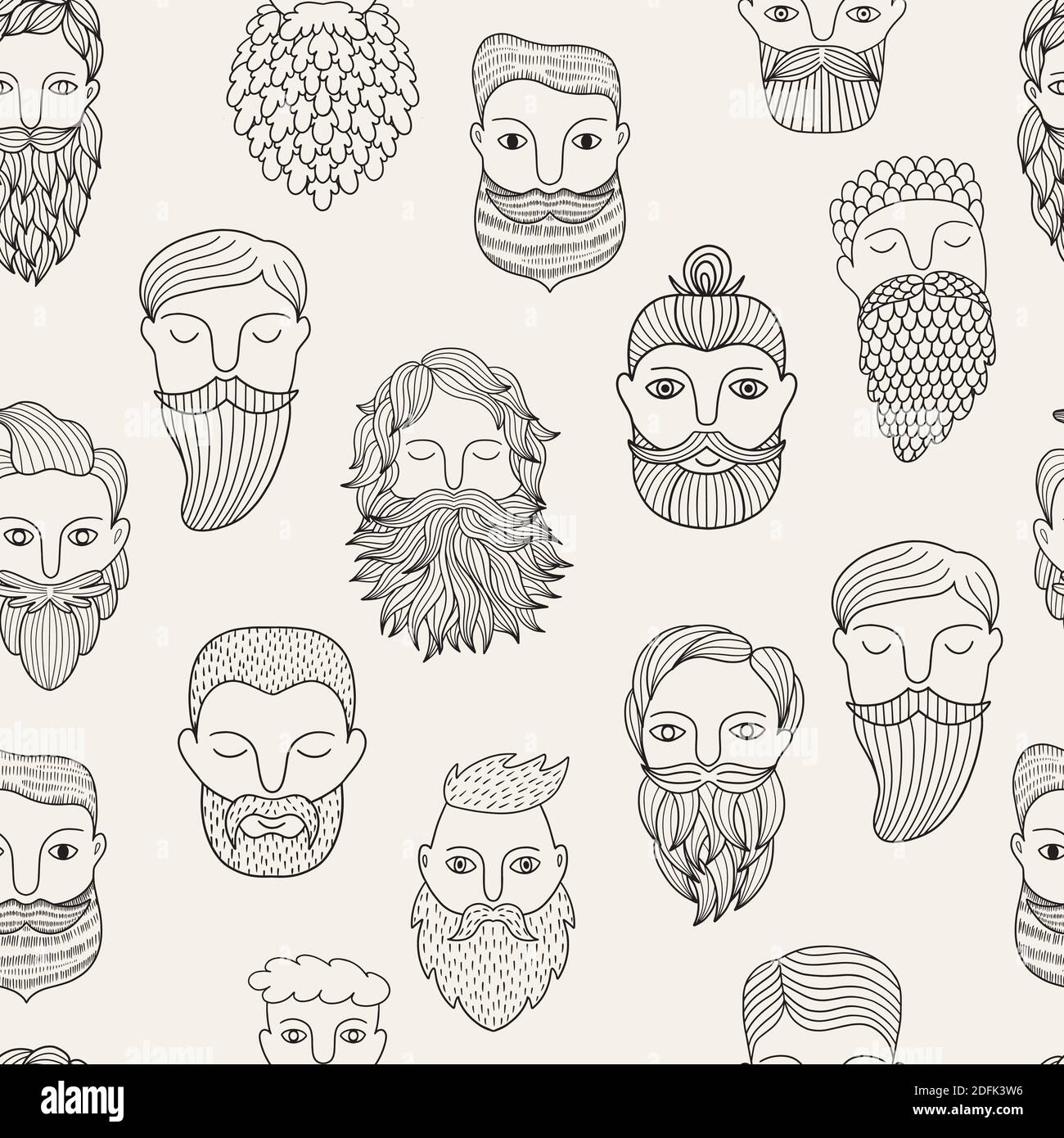 Modello senza cuciture per barbiere con diversi tipi di capelli da uomo. Sfondo vettore hipster. Può essere utilizzato per carta da parati, tessuto, imballaggio, web design. Illustrazione Vettoriale