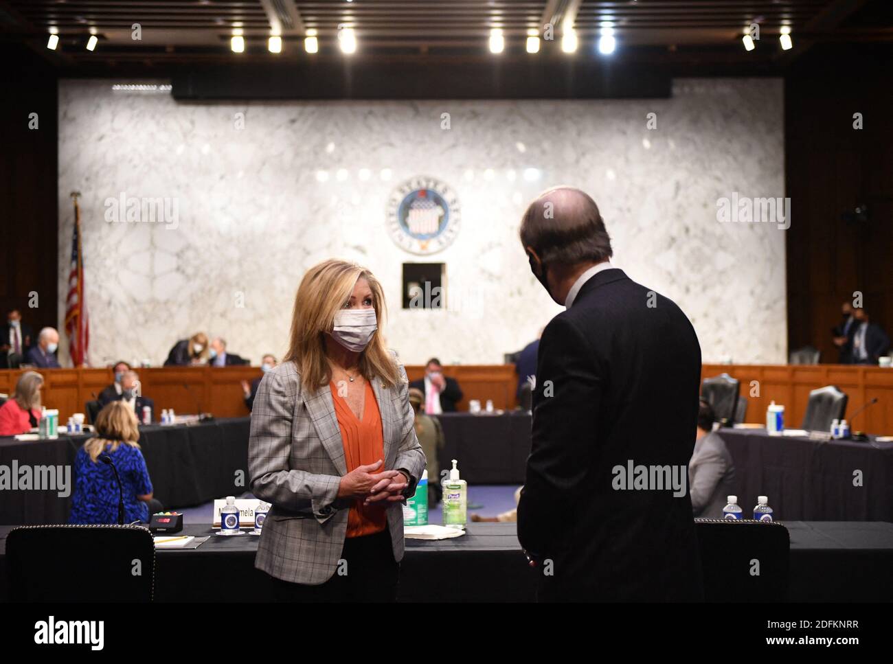 Il Sen. Marsha Blackburn, R-Tenne., parla a testimonianza Randall Noel davanti a un'audizione di conferma del Comitato giudiziario del Senato sulla nomina di Amy Coney Barrett per la Giustizia associata della Corte Suprema, su Capitol Hill a Washington, DC giovedì 15 ottobre 2020. Se confermato, Barrett sostituirà Justice Ruth Bader Ginsburg, morto il mese scorso. Foto di Kevin Dietsch/piscina/ABACAPRESS.COM Foto Stock