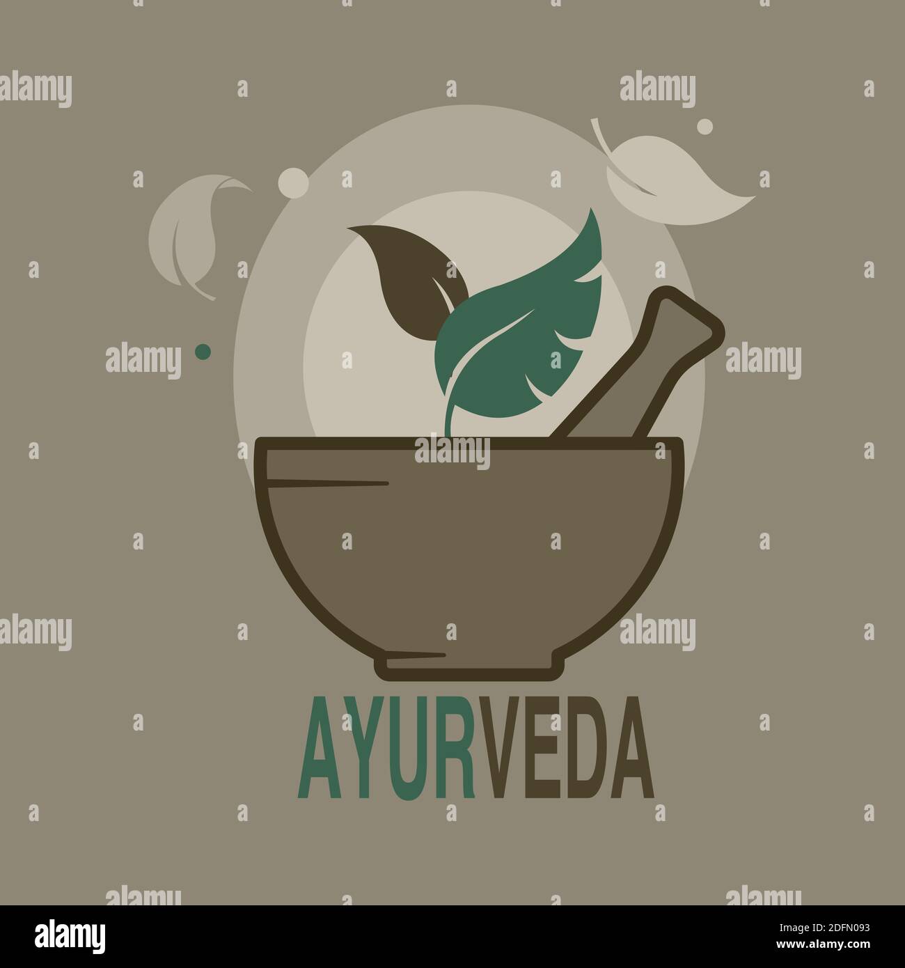 Frantoio di Medicina Ayurvedica. Mortaio e pestello con testo AYURVEDA. Concetto di medicina alternativa. Illustrazione piatta. Illustrazione Vettoriale