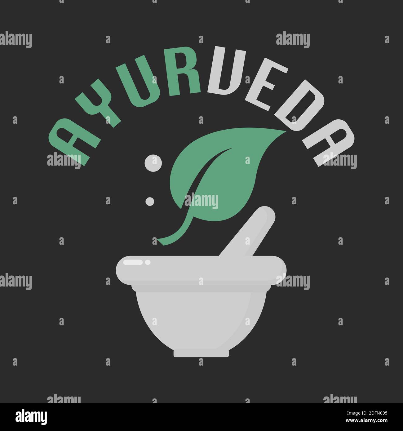 Frantoio di Medicina Ayurvedica. Mortaio e pestello con testo AYURVEDA. Concetto di medicina alternativa. Illustrazione piatta. Illustrazione Vettoriale