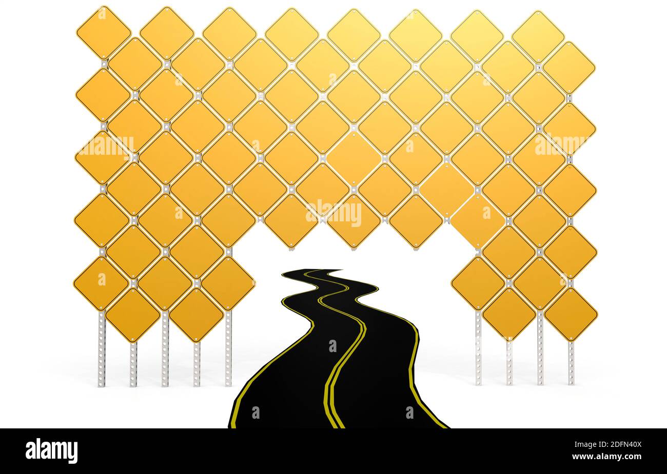 Cartello giallo vuoto con strada isolata nera, rendering 3D Foto Stock