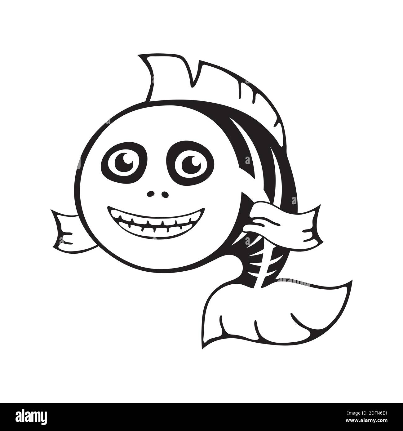 Carino scheletro di pesce. Modello Halloween per stampa, motivo. Illustrazione Vettoriale
