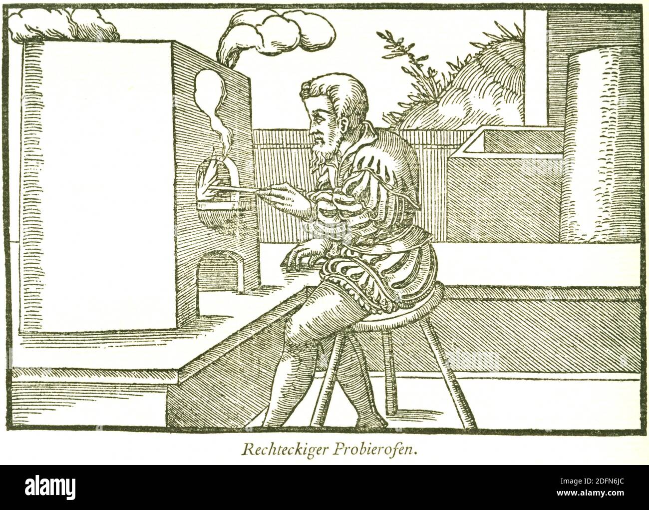 Forno di degustazione rettangolare, rappresentazione storica di Georgius agricola, De re metallica libri XII, Miniere e metallurgia, metallurgia Foto Stock