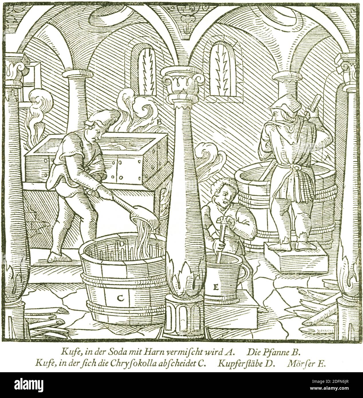 Preparazione di soda, , resoconto storico di Georgius agricola, De re metallica libri XII, Miniere e metallurgia, metallurgia, pubblicato nel 1556 Foto Stock
