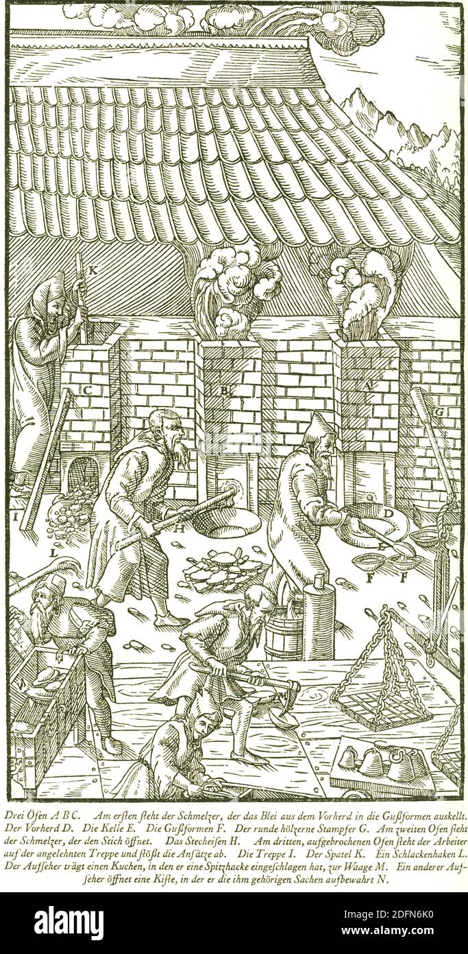 Forno a crogiolo, resoconto storico di Georgius agricola, De re metallica libri XII, Berg- und Huettenwesen, Metallkunde, pubblicato nel 1556 Foto Stock