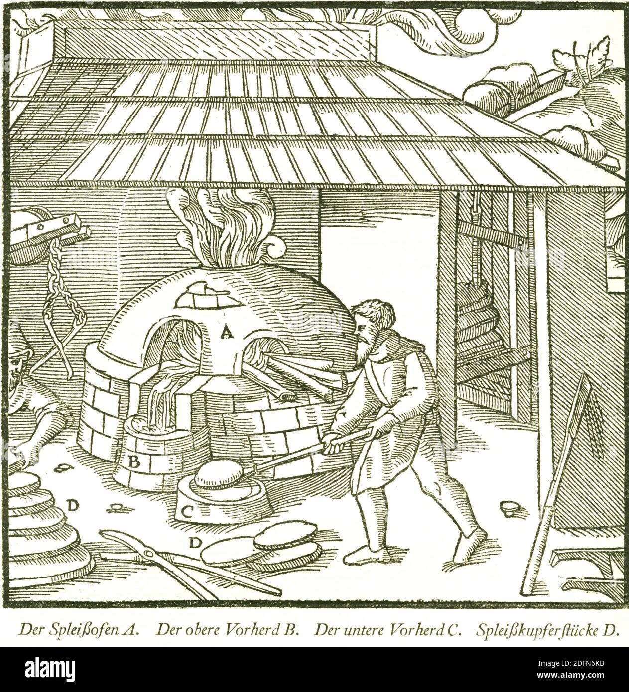 Forno di giunzione, resoconto storico di Georgius agricola, De re metallica libri XII, Miniere e metallurgia, metallurgia, pubblicato nel 1556 Foto Stock