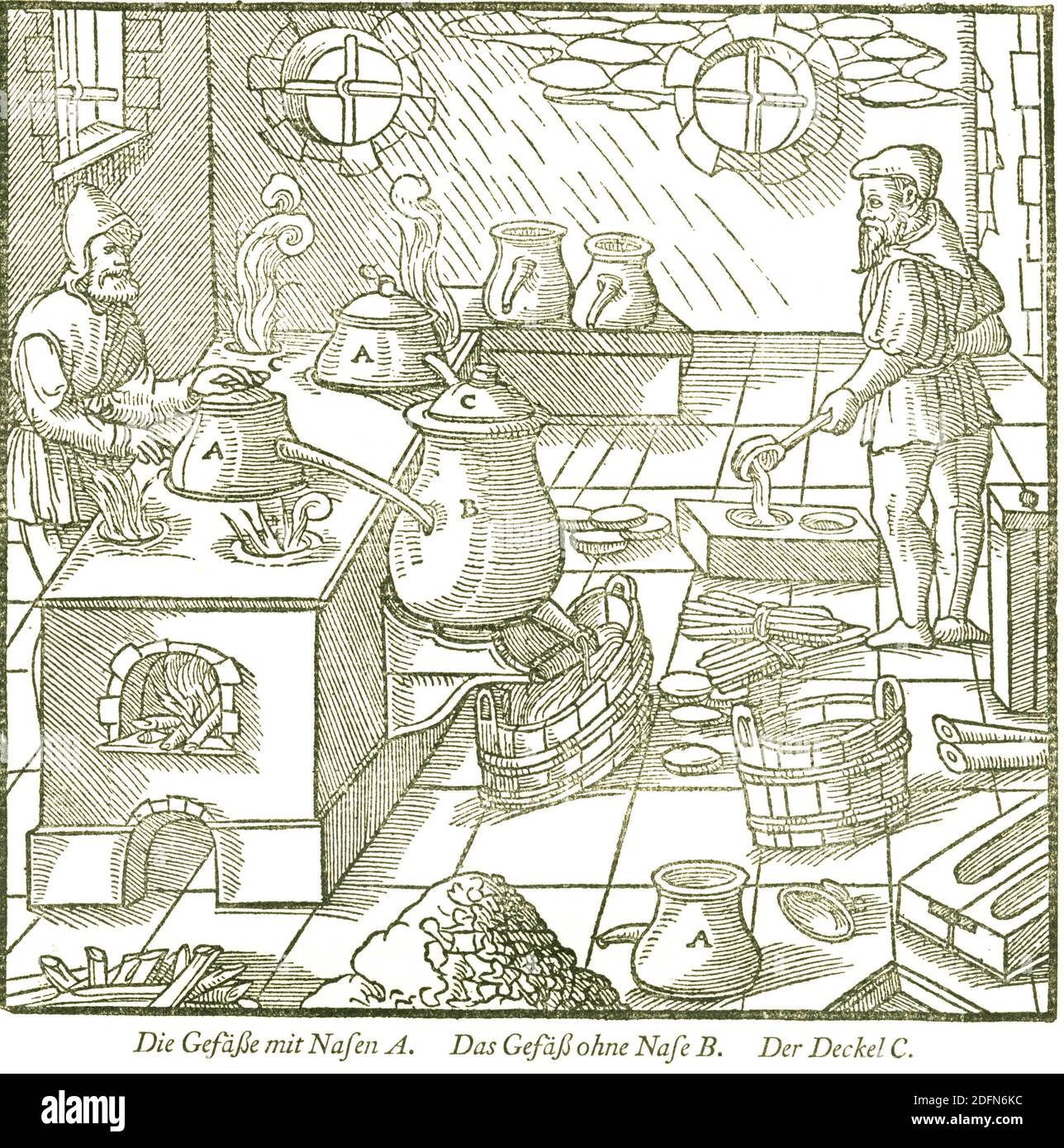 Estrazione dello zolfo per sublimazione da vasi con nasi, resoconto storico di Georgius agricola, De re metallica libri XII, Berg- und Foto Stock