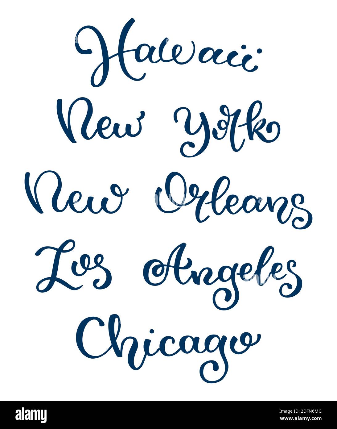 Lettere a mano dei nomi delle città. Hawaii, Los Angeles, New York, New Orleans Chicago Illustrazione Vettoriale