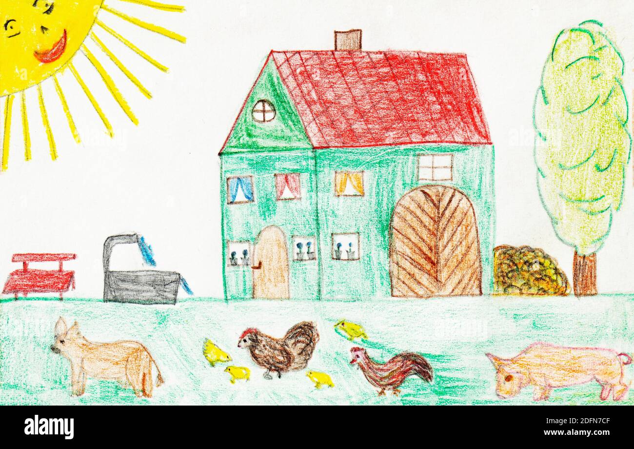 Illustrazione ingenua, disegno per bambini, fattoria con vari animali domestici, Austria Foto Stock