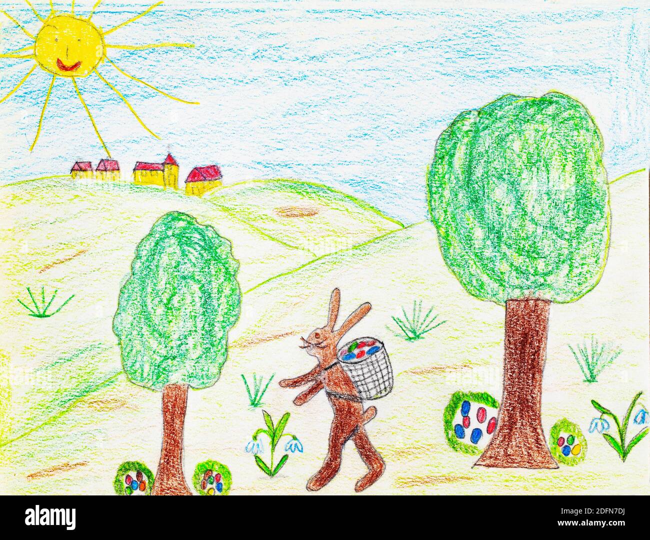 Illustrazione ingenua, disegno per bambini, coniglietto pasquale nasconde uova di Pasqua, Pasqua, Austria Foto Stock