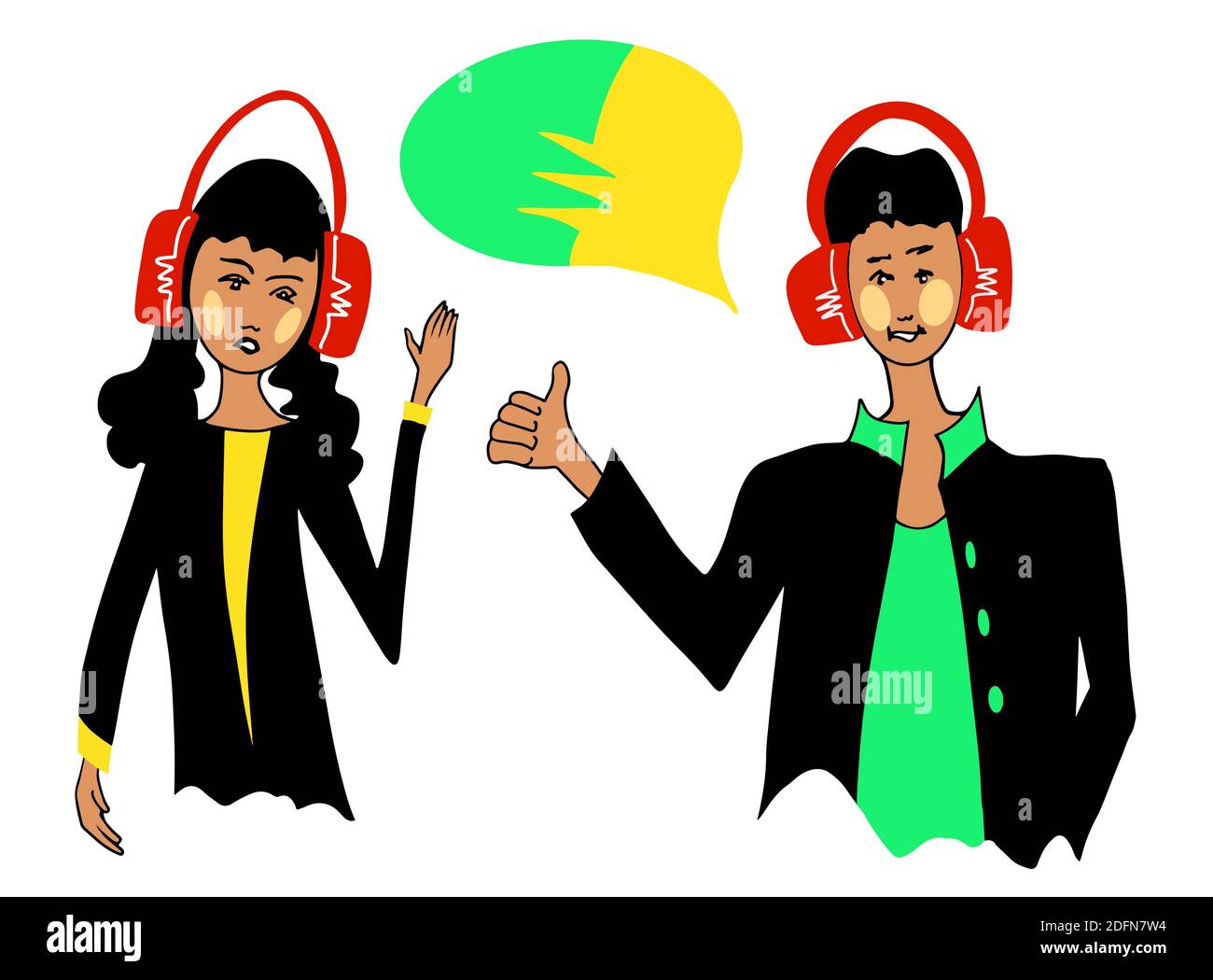 Gruppo di giovani con bolle di dialogo. Concetto di comunicazione, lavoro di squadra e vettore di connessione. Illustrazione Vettoriale