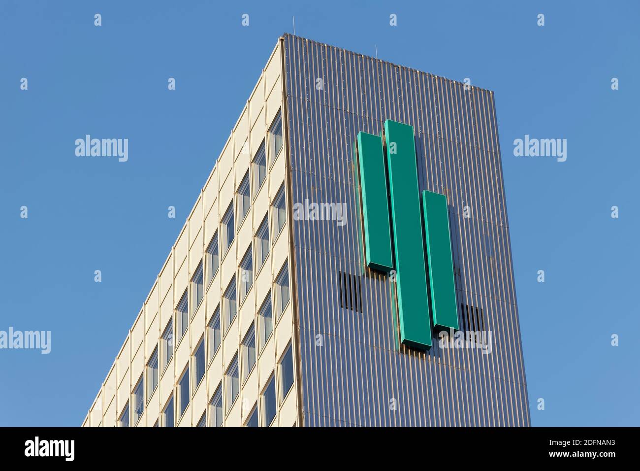 Logo della casa a tre sezioni, torre a tre sezioni, Duesseldorf, Nord Reno-Westfalia, Germania Foto Stock