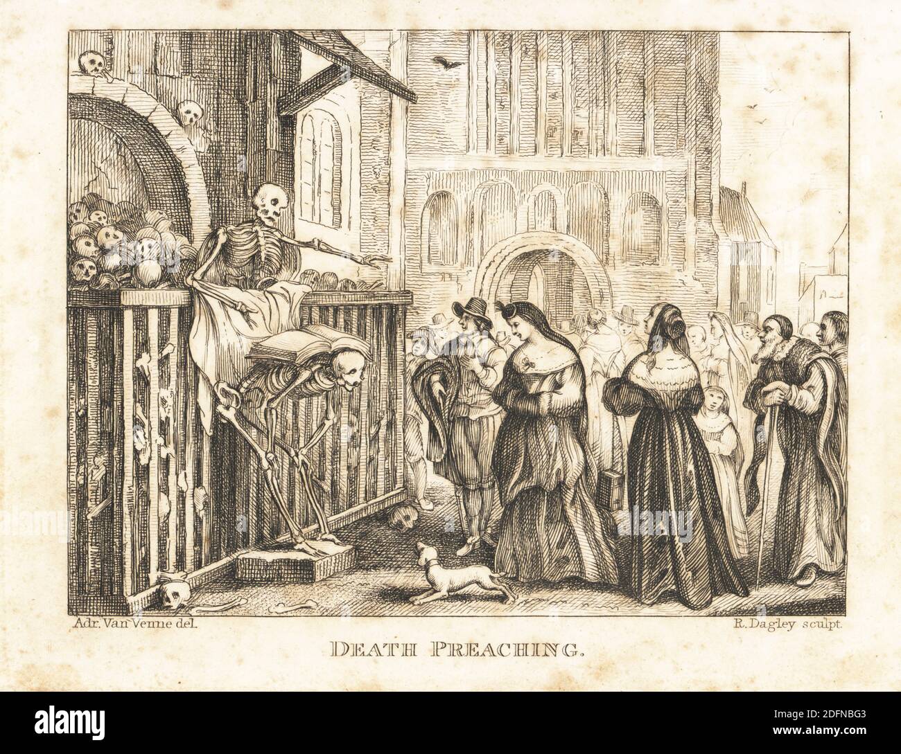 Lo scheletro della predicazione della morte ad una folla. La morte si trova in una necropoli di ossa e teschi, e appoggia la sua ledger su uno scheletro accovacciato. Signore benestanti, signori, un vecchio e un orologio per bambini. Predicazione della morte. Incisione in acciaio di Richard Dagley dopo un’illustrazione del 1654 di Adriaen van de Venne dalle azioni della morte di Dagley, composta da numerose composizioni originali in versi e prosa, J. Andrews, Londra, 1827. Dagley (1761-1841) è stato un . Foto Stock