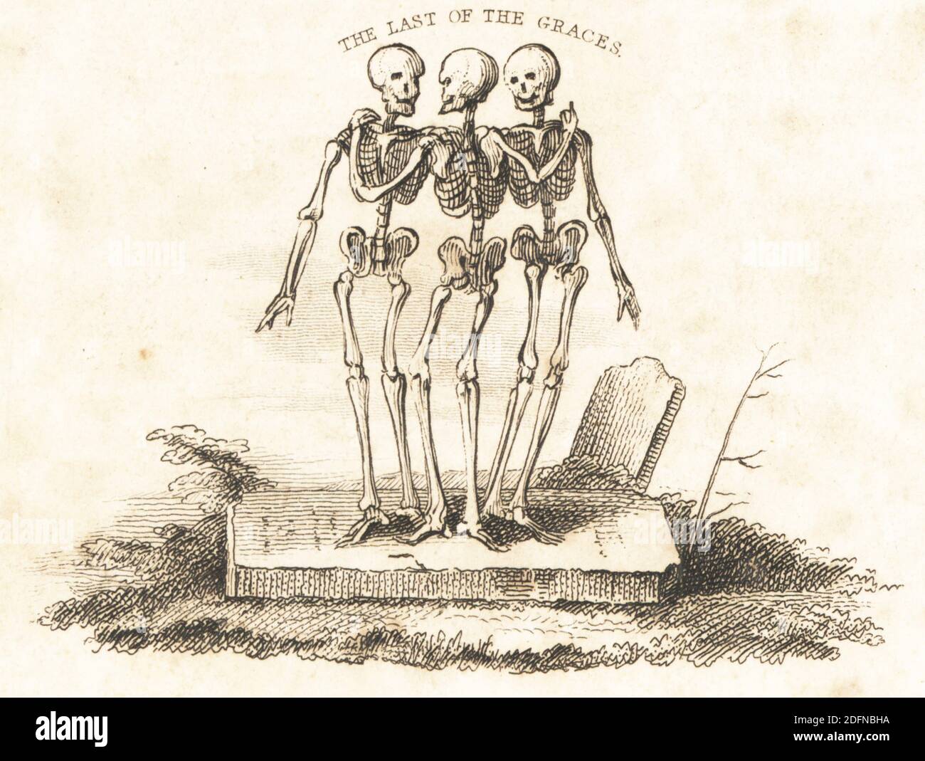Vignetta di tre scheletri su una lapide, l'ultima delle grazie. Disegnato e inciso su acciaio da Richard Dagley dalle sue stesse opere di morte, composto da numerose composizioni originali in versi e prosa, J. Andrews, Londra, 1827. Dagley (1761-1841) è stato un . Foto Stock