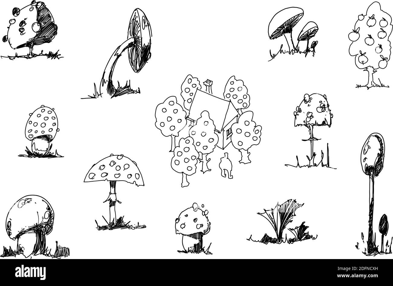 molti disegni a mano fantastici di funghi e piante Illustrazione Vettoriale